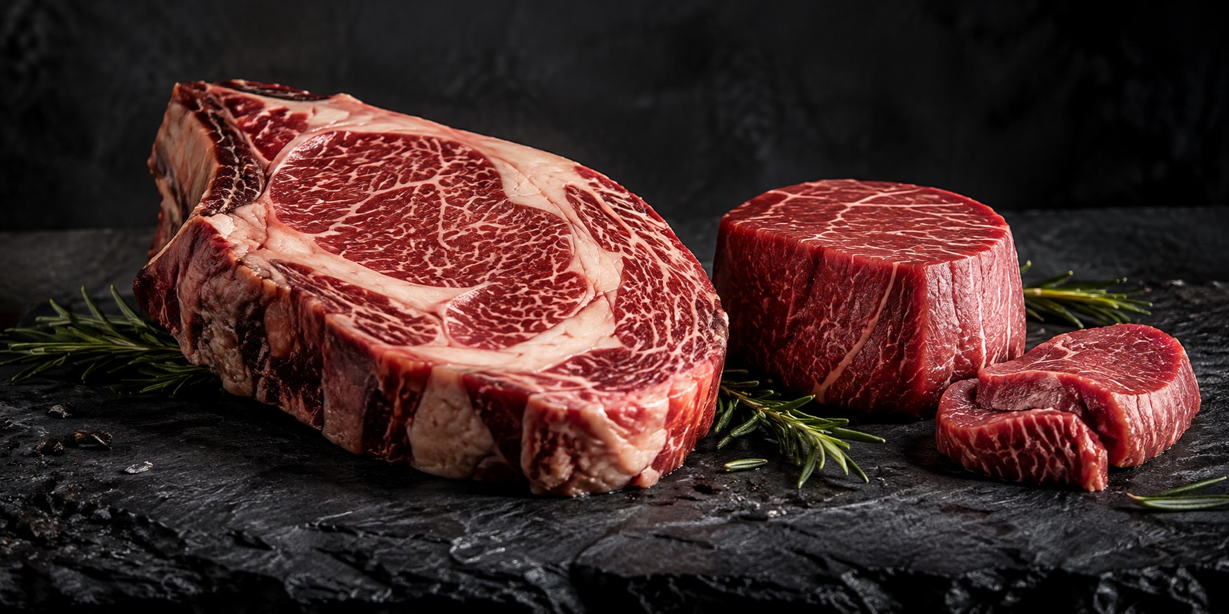 Raw marbled beef cuts on a dark butcher’s work surface